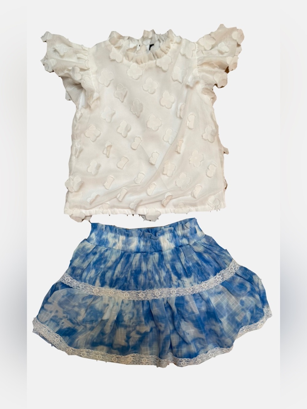 Little Olin Girls 2/3Y White Appliqué Top & Blue Tie-Dye Tiered Skirt Set